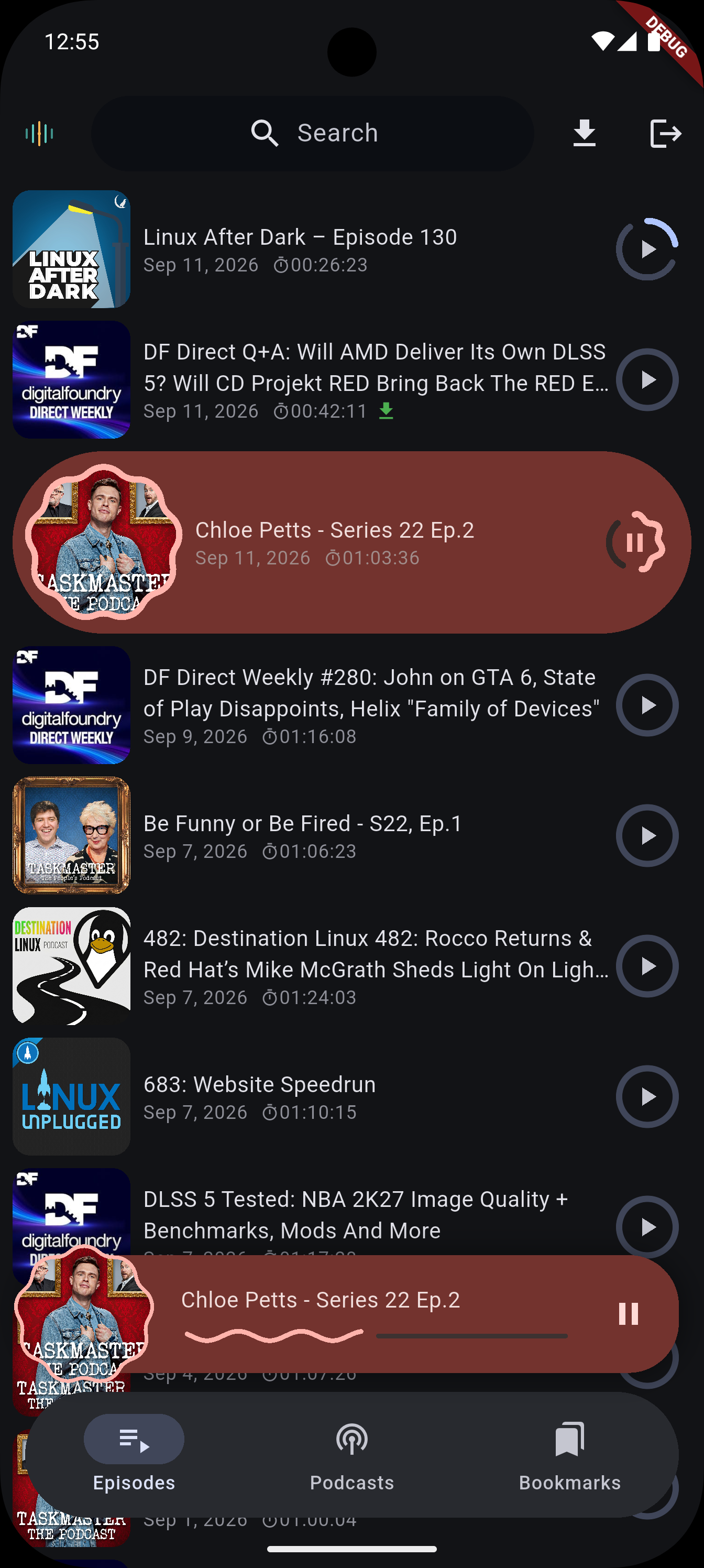 Episode list on Podku, phone layout