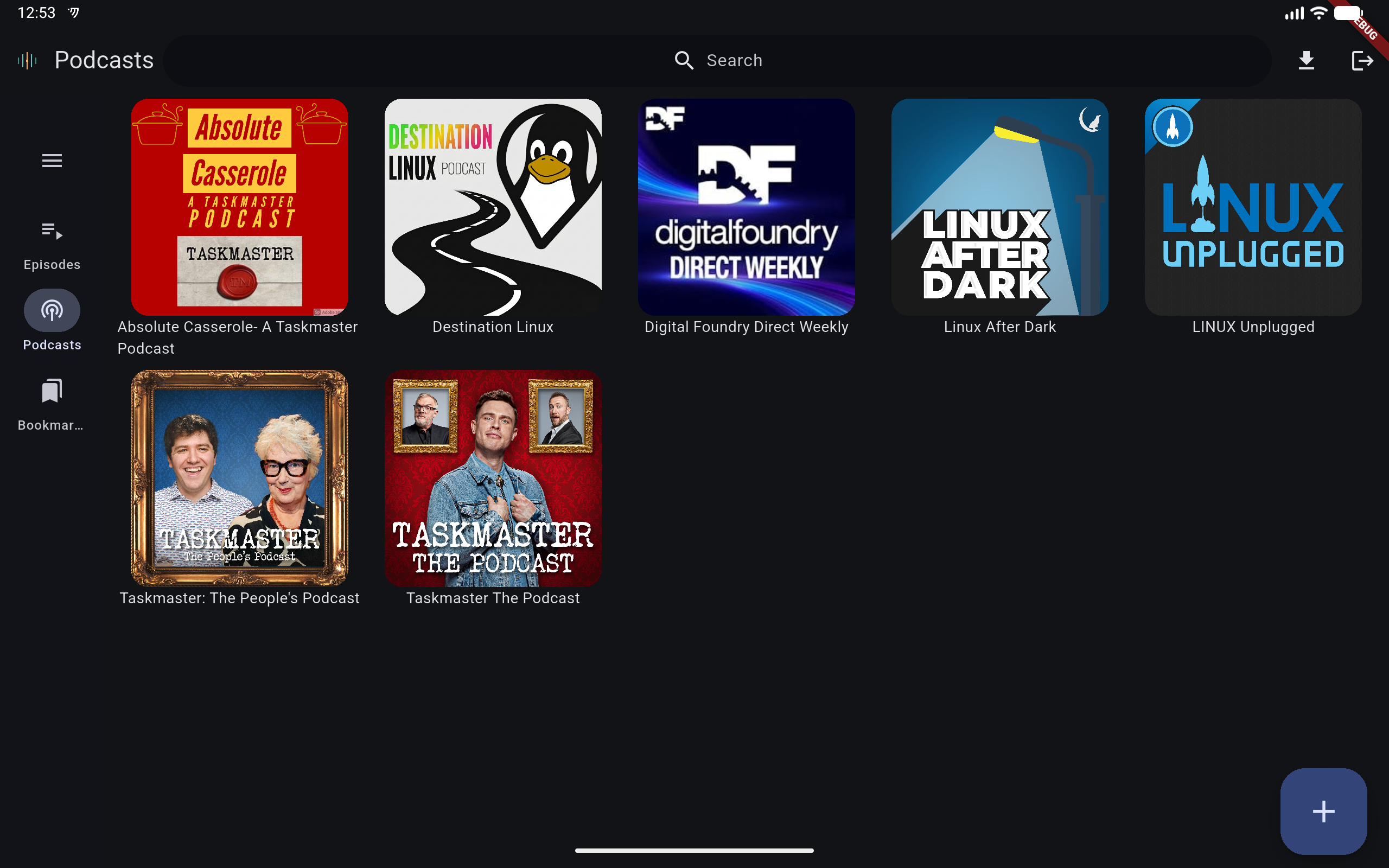 Podcast library grid on Podku, tablet layout
